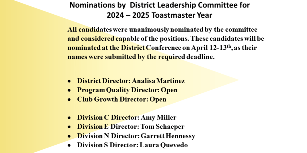 Nominations by  District Leadership Committee for 2024-2025 Toastmaster Year