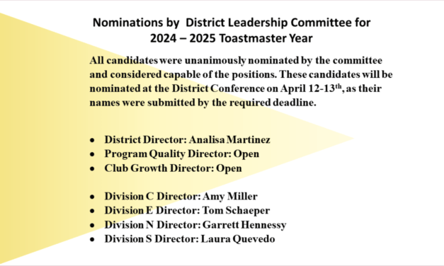 Nominations by  District Leadership Committee for 2024-2025 Toastmaster Year